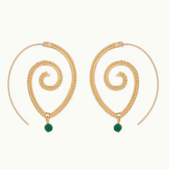 Gold Plated - Boho Hippie Unique Hoop Design Earring with Green Drop - NEW - Picture 2 of 3